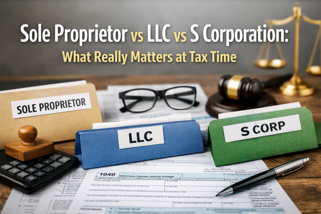 Folders labeled Sole Proprietor, LLC, and S Corporation on a desk with tax forms, representing business entity choices at tax time.