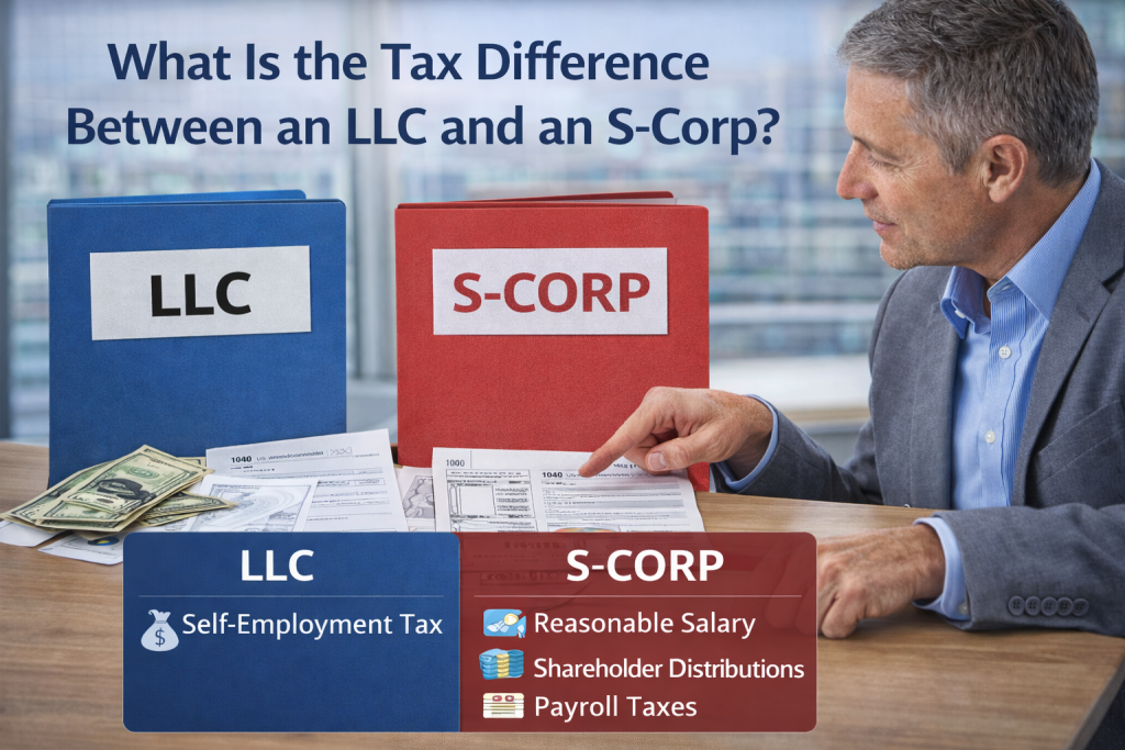 CPA explaining the tax difference between an LLC and an S-Corporation, including self-employment tax, reasonable salary, and shareholder distributions