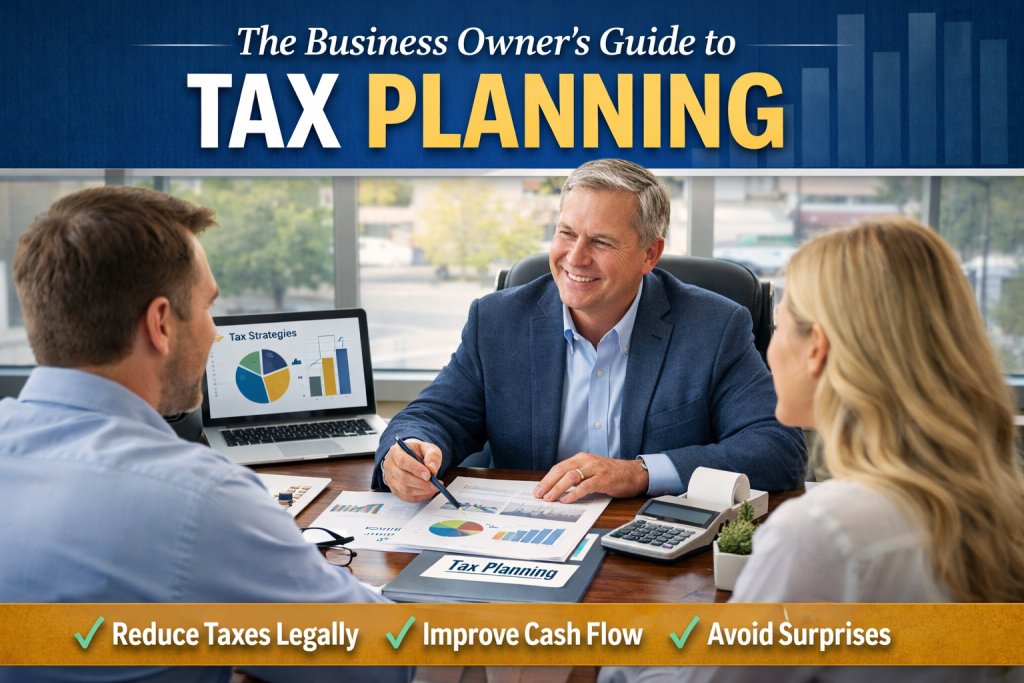 CPA discussing business owner tax planning strategies with clients to reduce taxes and improve cash flow.