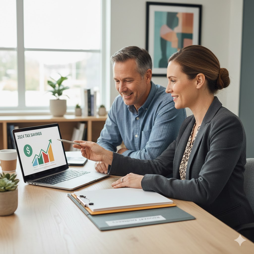 CPA reviewing individual tax documents with a client during a professional tax preparation meeting.