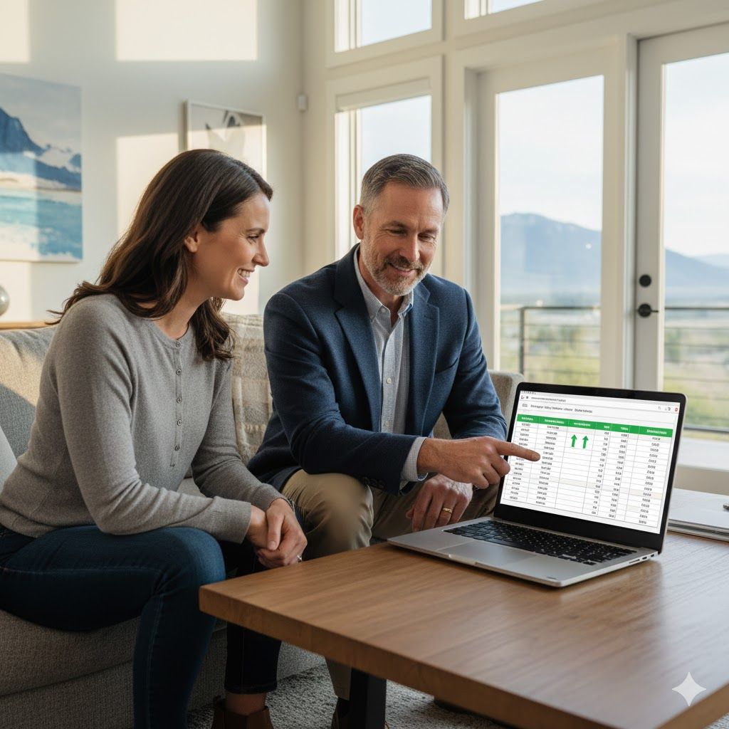 CPA reviewing short-term rental income and tax projections with property owners during a tax planning meeting.