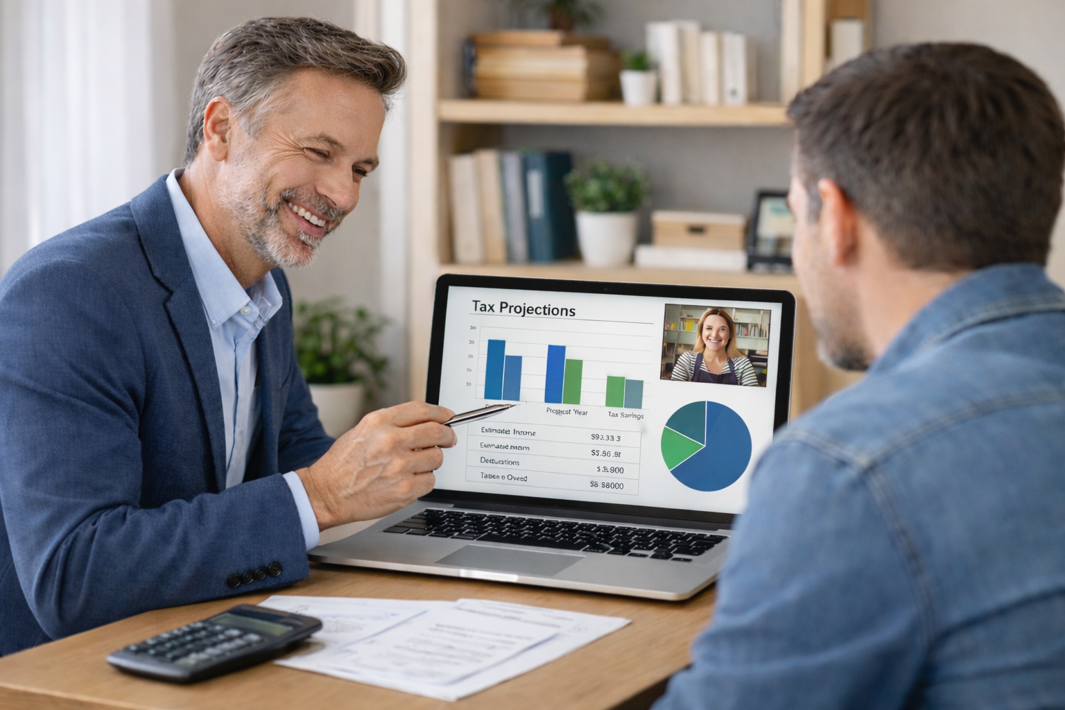 Virtual tax planning session reviewing projected tax savings with a small business owner.