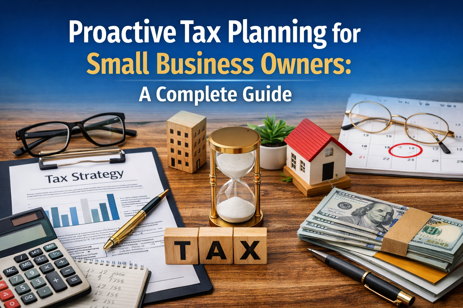 Proactive tax planning tools on a desk, including a tax strategy document, calculator, calendar, and money for small business owners.
