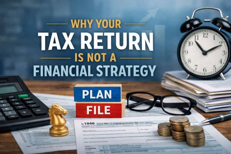 Business tax planning concept showing a tax return on a desk with a calculator, clock, and blocks labeled “Plan” and “File,” illustrating that tax strategy comes before filing.