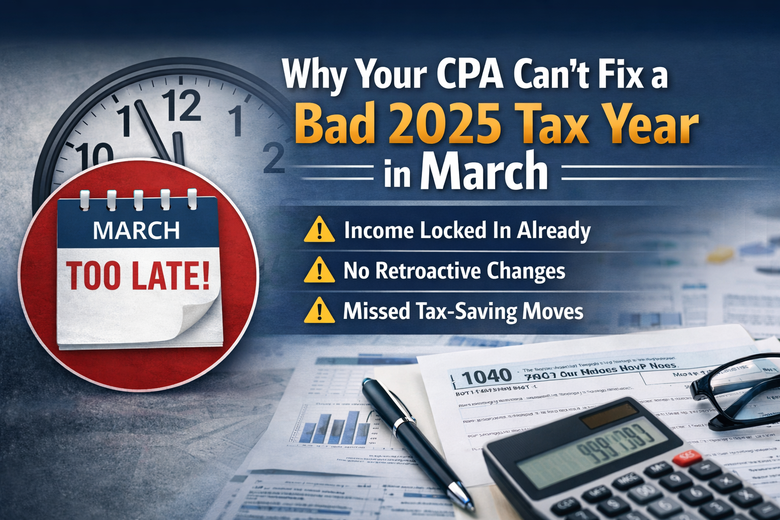 Calendar marked ‘March – Too Late’ next to tax forms and calculator illustrating why a CPA cannot fix a bad 2025 tax year after year-end.