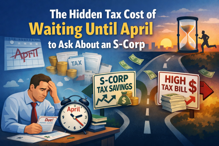 Business owner reviewing tax documents in April while choosing between S-Corp tax savings and a high tax bill