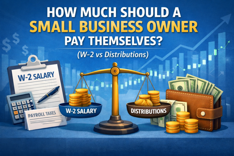 Balanced scale comparing W-2 salary and owner distributions for small business owners deciding how to pay themselves