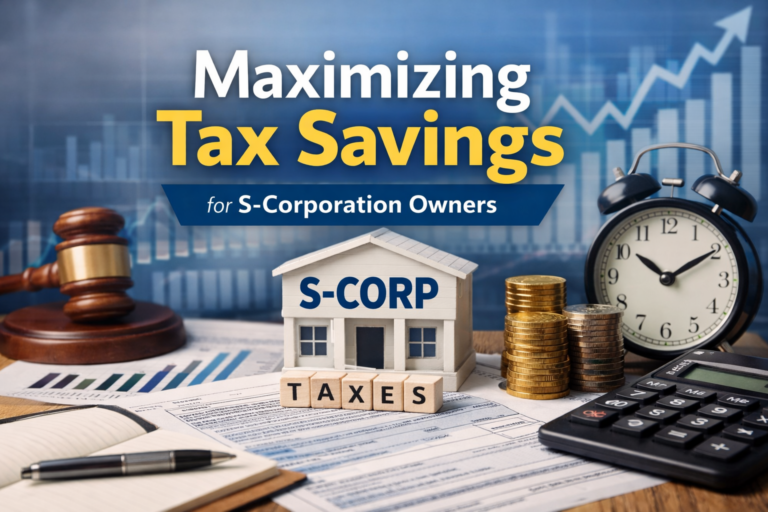Header image showing S-Corporation tax documents, calculator, coins, and chart representing proactive tax savings strategies.