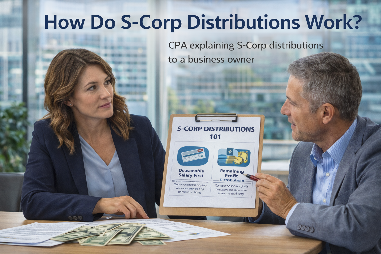 CPA explaining how S-Corp distributions work to a business owner during a tax planning discussion