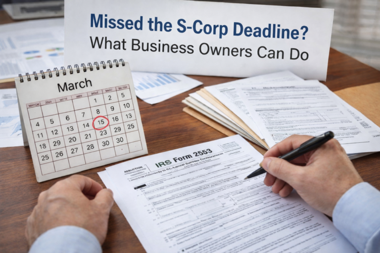 Business owner reviewing IRS Form 2553 with a March 15 calendar deadline after missing the S-Corp election deadline
