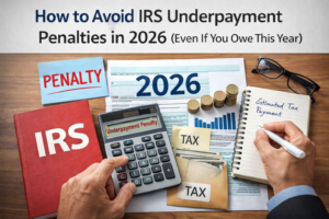 Business owner reviewing tax payments and IRS estimates to avoid underpayment penalties in 2026