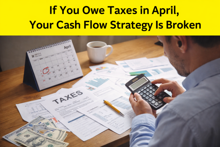 Business owner reviewing tax documents and calculating payments after owing taxes in April