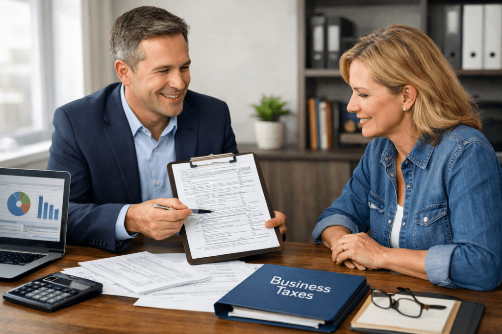 CPA consulting with business owner about business tax services and tax planning for small business