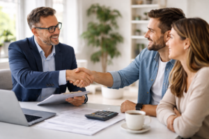 CPA meeting with happy clients after successful tax planning consultation