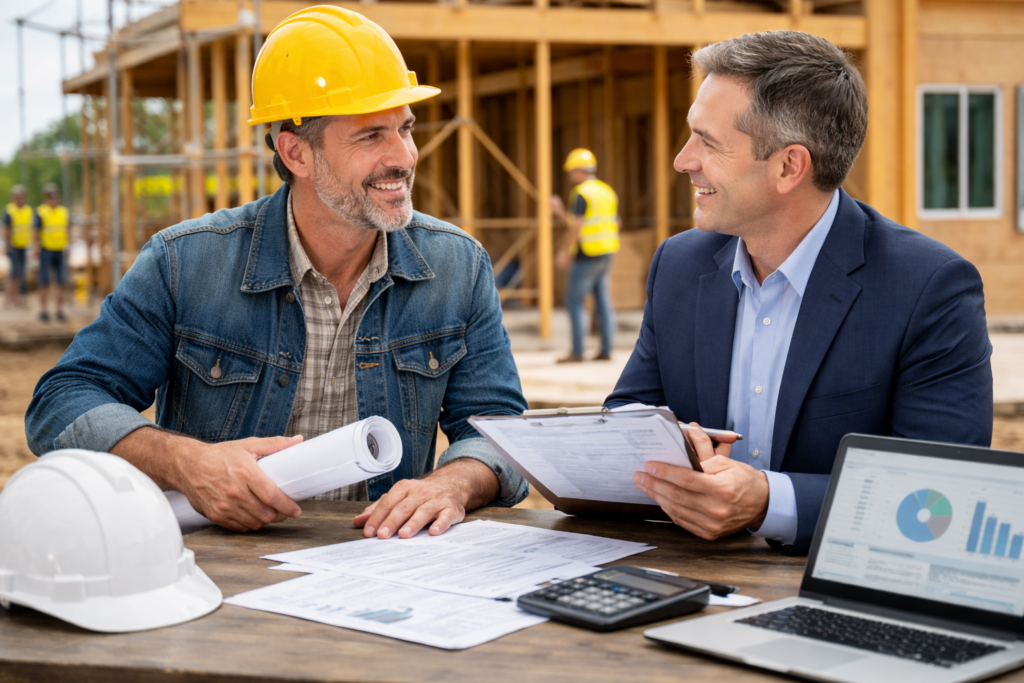CPA consulting with construction business owner about tax planning and accounting at construction job site