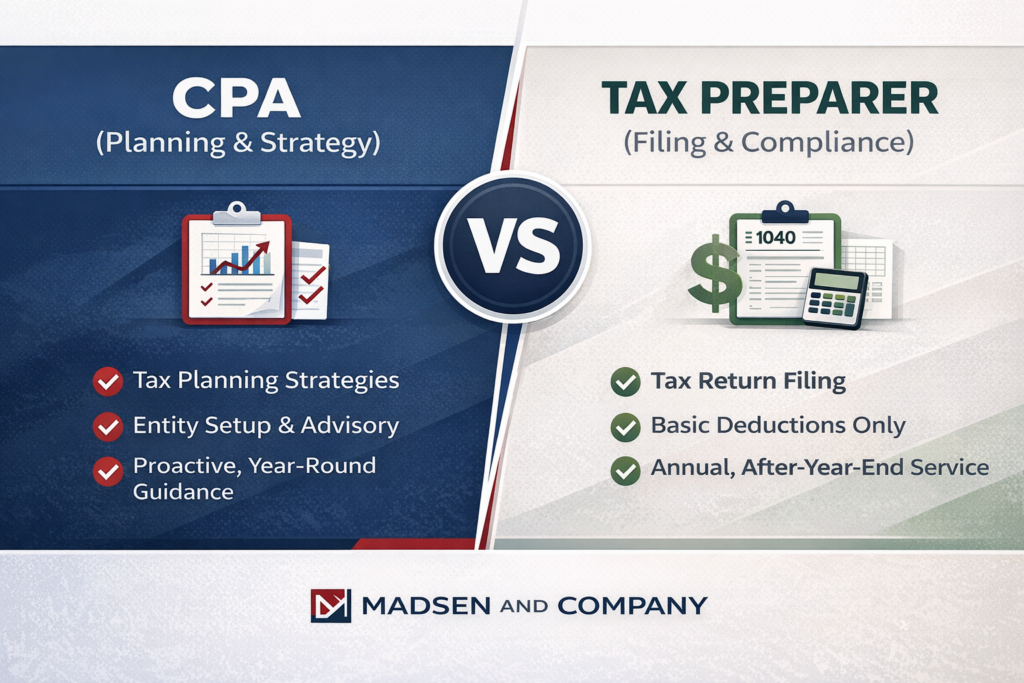 CPA vs tax preparer comparison showing planning and strategy versus filing and compliance