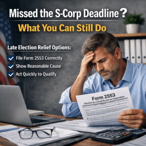 Business owner reviewing missed S corporation deadline and late election relief to reduce taxes