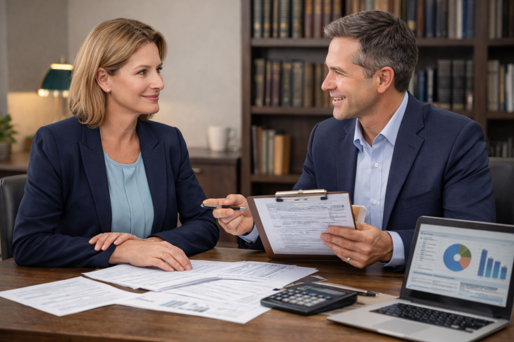 CPA consulting with professional service business owner about tax planning and accounting