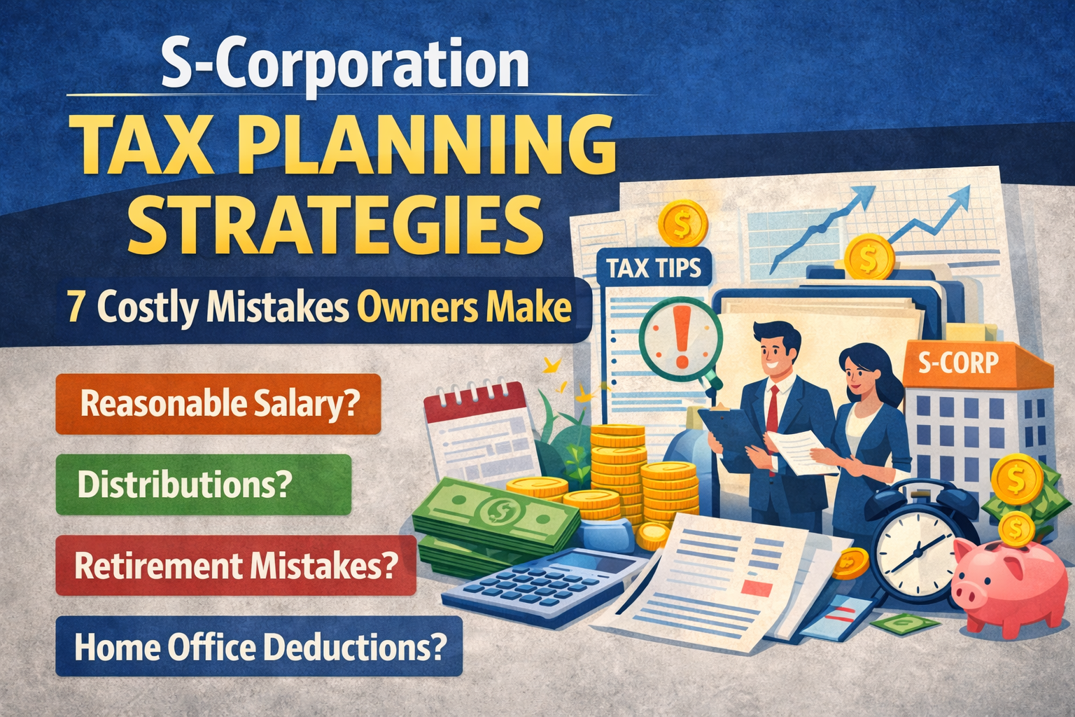Infographic about S corporation tax planning strategies showing seven costly mistakes owners make including reasonable salary, distributions, retirement mistakes, and home office deduction issues