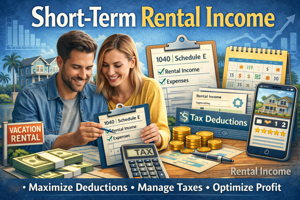 short-term rental tax planning with real estate investors reviewing Schedule E, rental income, and tax deductions for vacation rental property