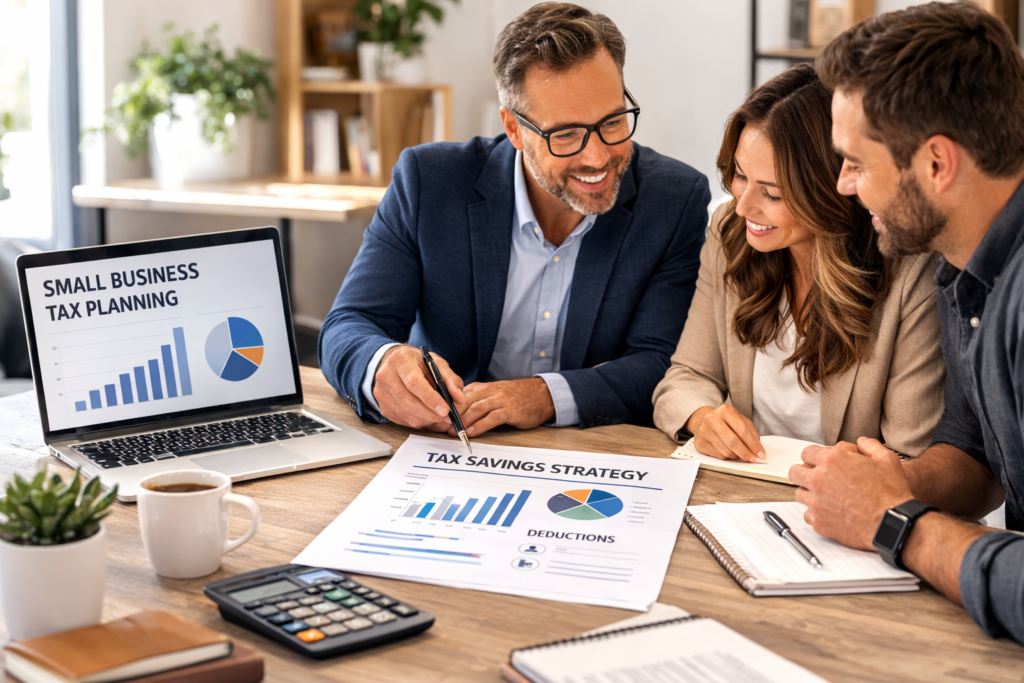 CPA meeting with small business owners to discuss tax planning strategy and deductions