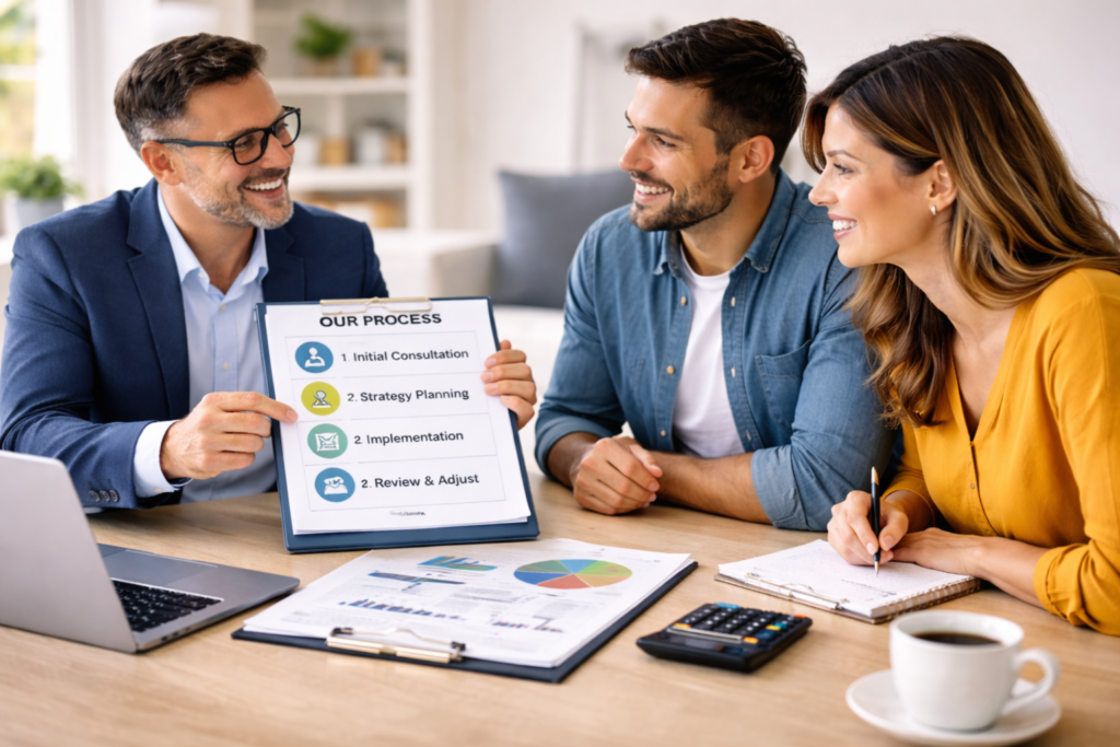 CPA meeting with clients to explain tax planning process and what to expect