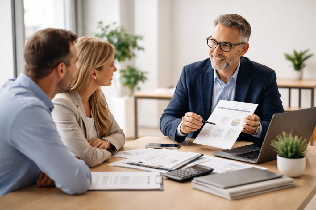 CPA providing tax preparation services to business owners during consultation