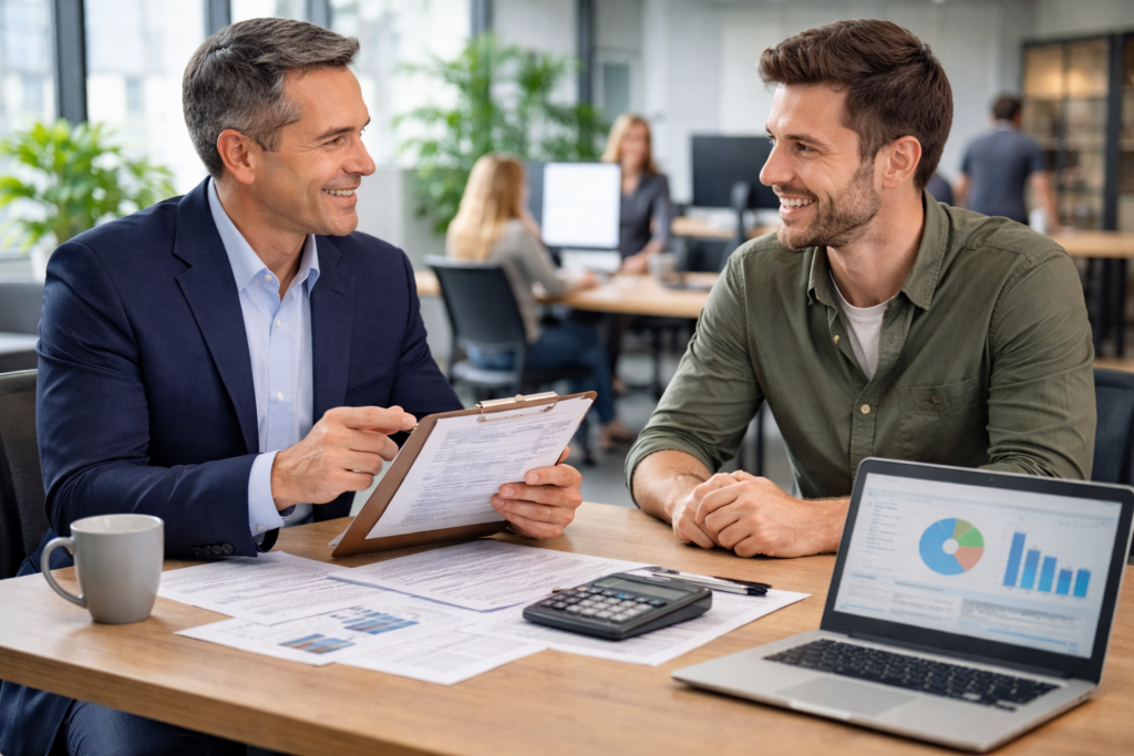 Tax planning consultation for technology business owner with CPA reviewing financial reports