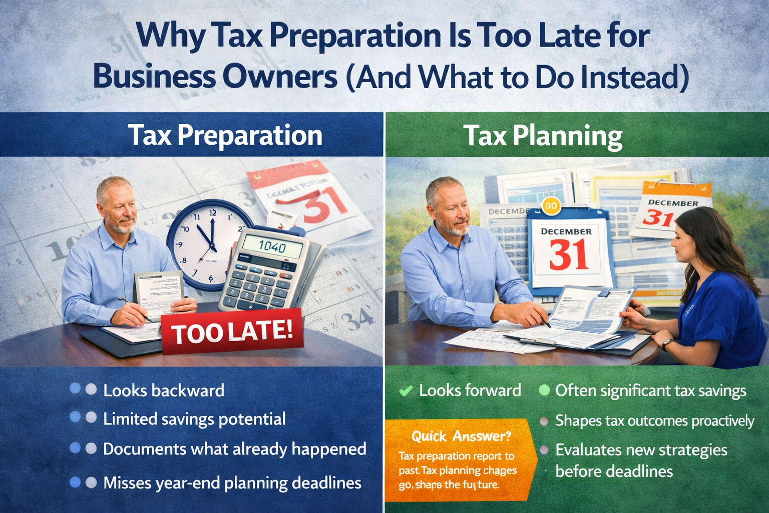 Infographic comparing tax preparation and tax planning for business owners showing that tax preparation looks backward while tax planning happens before year end to reduce taxes