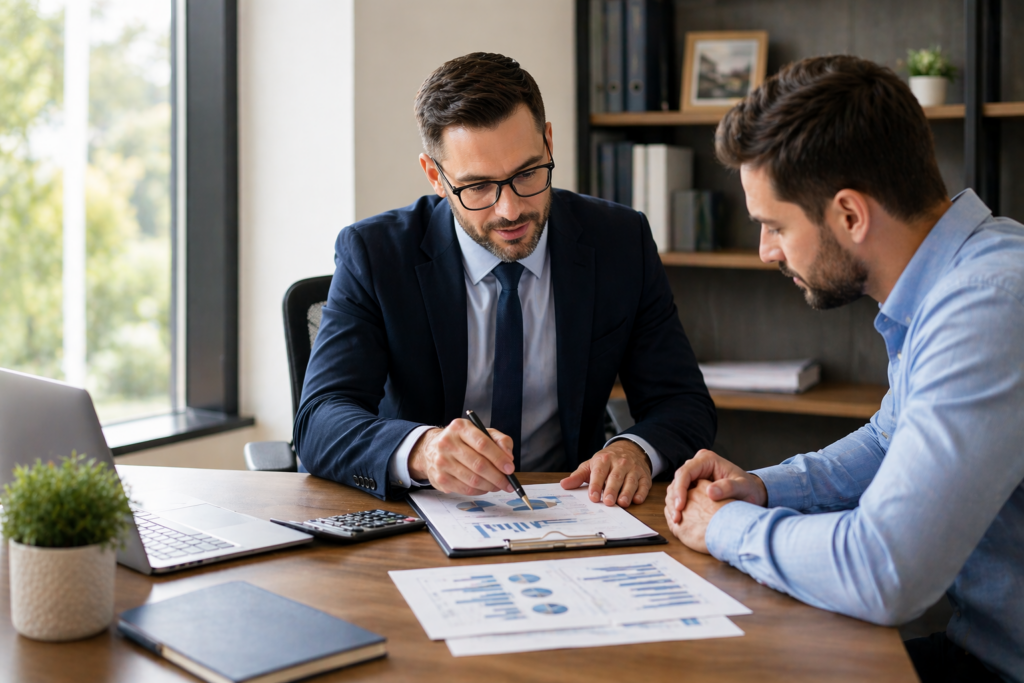 CPA reviewing financial reports with a business owner during a tax planning consultation in a modern office setting