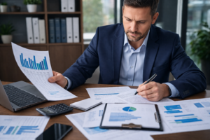 business owner reviewing financial reports and analyzing tax strategy