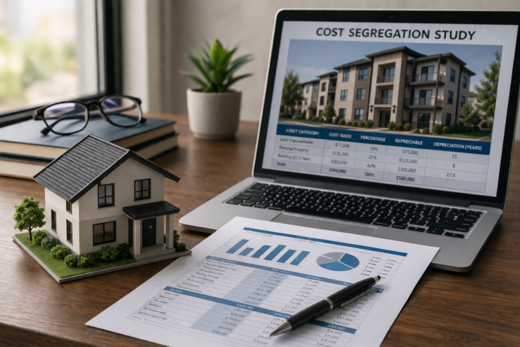 Cost segregation explained for real estate investors with property model, financial documents, and tax planning workspace