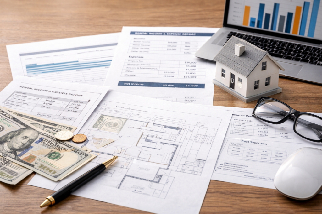 Rental property tax strategy workspace showing real estate documents, house model, and financial planning setup for investors