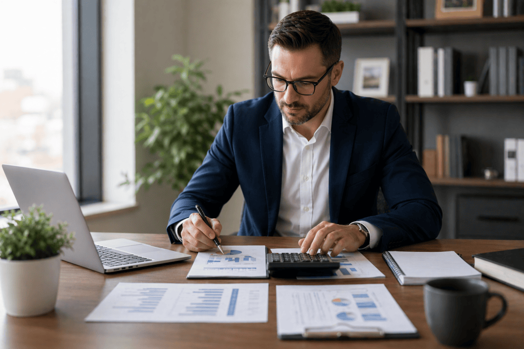 Business owner reviewing financial documents and using a calculator during tax planning work in a modern office setting