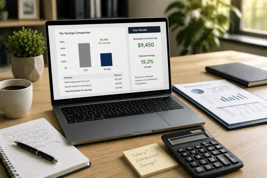 Laptop and calculator on a desk with financial documents as a business owner analyzes tax savings in a modern office workspace