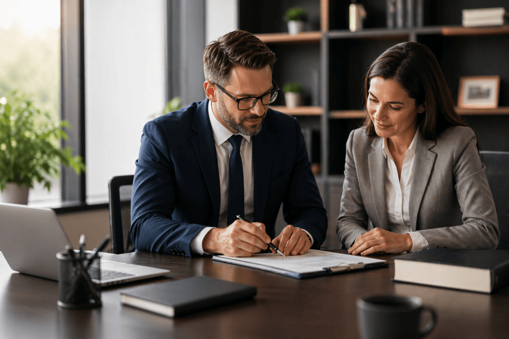 Business owner reviewing financial documents with a CPA during a tax planning consultation in a modern office setting