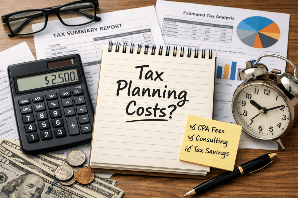 Example of tax planning costs for small business owners showing calculator, financial documents, and analysis of CPA fees compared to potential tax savings