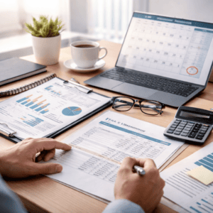 what is tax planning for small business owners showing financial documents, calculator, and strategy review before year end to reduce tax liability