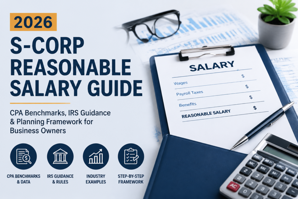 Professional business finance infographic showing S-Corp salary planning concepts, CPA benchmarks, IRS guidance, and step-by-step planning framework.