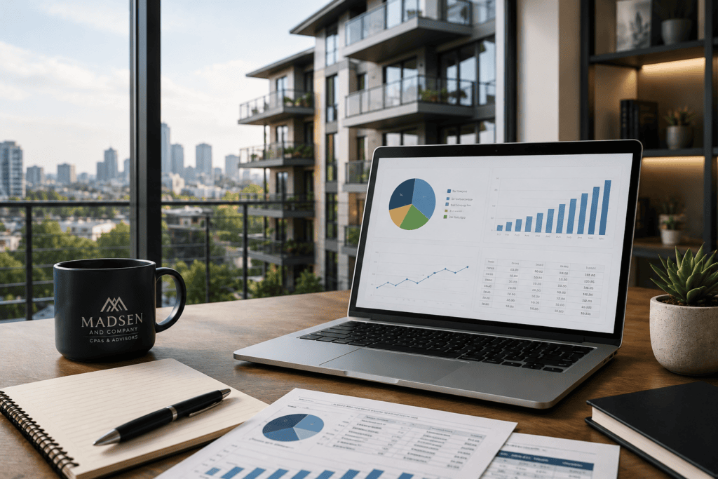 Modern real estate investment workspace with financial analysis tools for cost segregation tax planning and accelerated depreciation strategies
