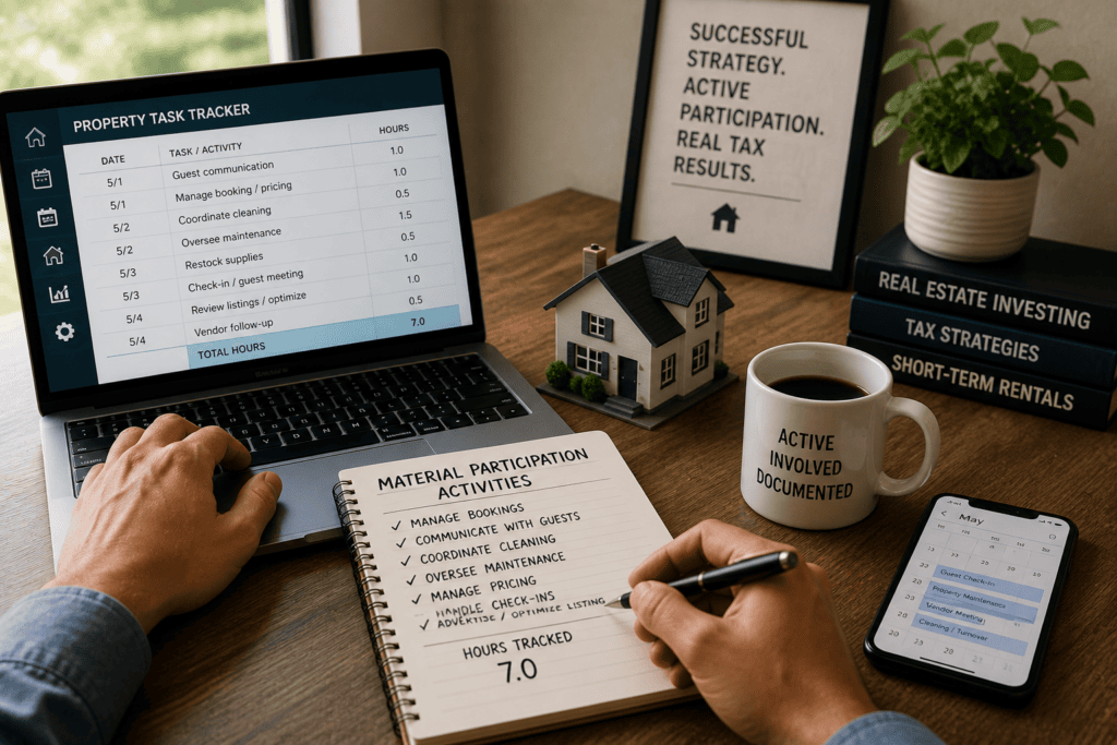 Real estate investor tracking time and managing short-term rental tasks to qualify for material participation