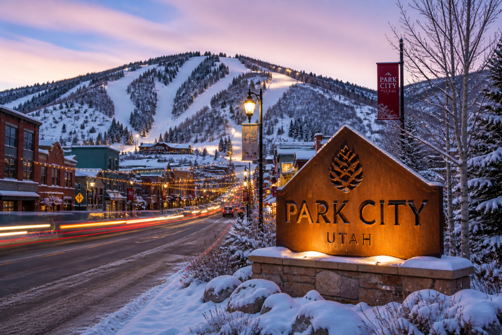 Park City Utah Main Street near ski resort with luxury homes and mountain slopes