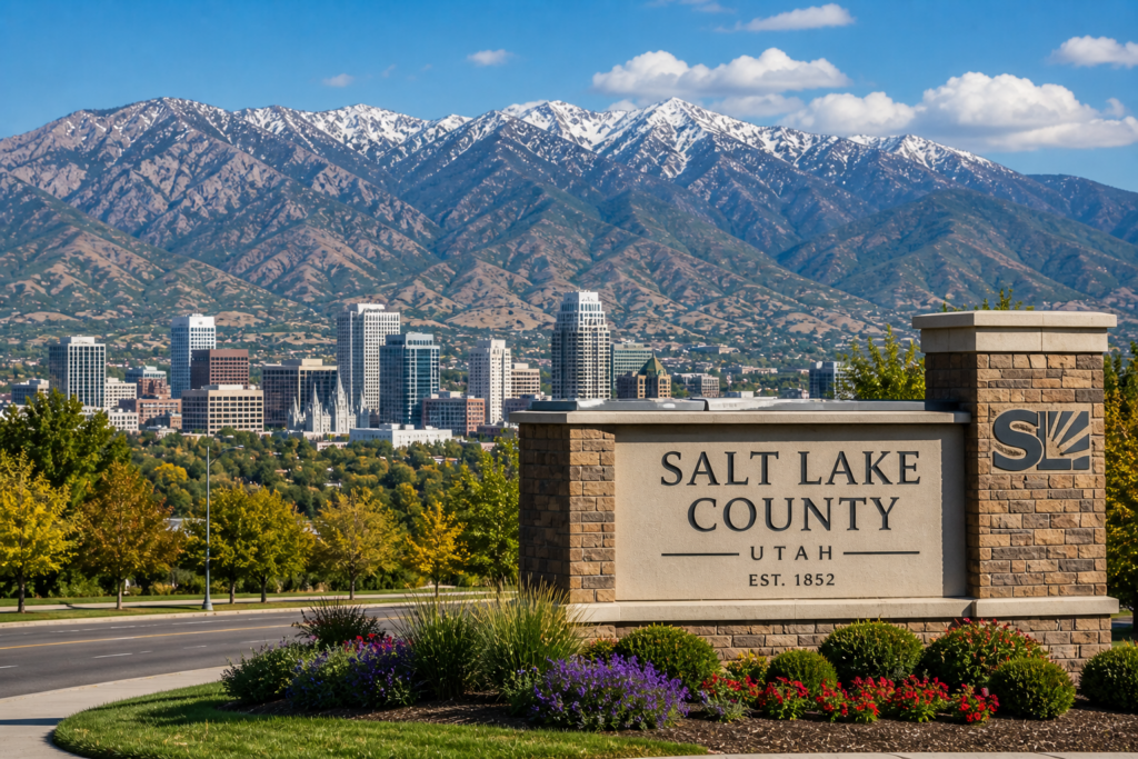 Salt Lake County Utah skyline with downtown business district and Wasatch Mountains