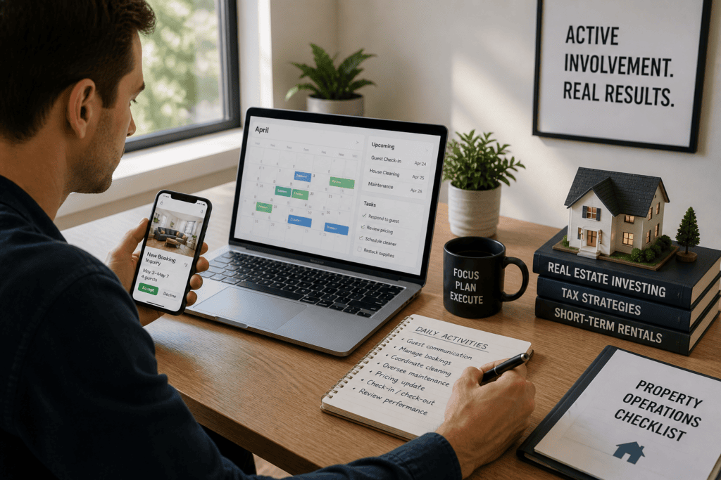 Short-term rental owner actively managing bookings and operations to qualify for non-passive tax treatment