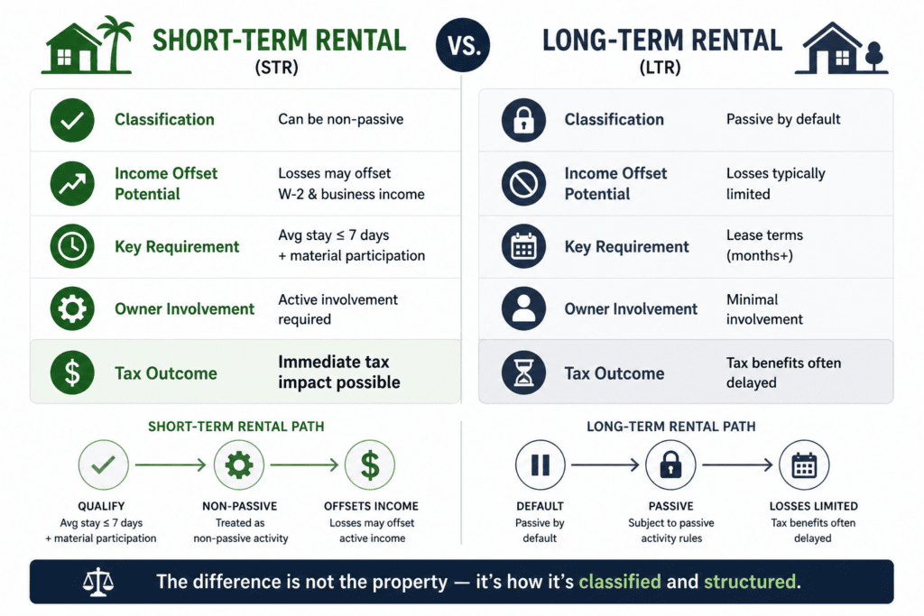 Visual comparison of short-term rental vs long-term rental tax treatment including passive vs non-passive status and income offset potential