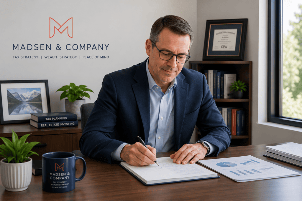 Steve Madsen, CPA, meeting with a business owner for tax planning and advisory services at Madsen and Company