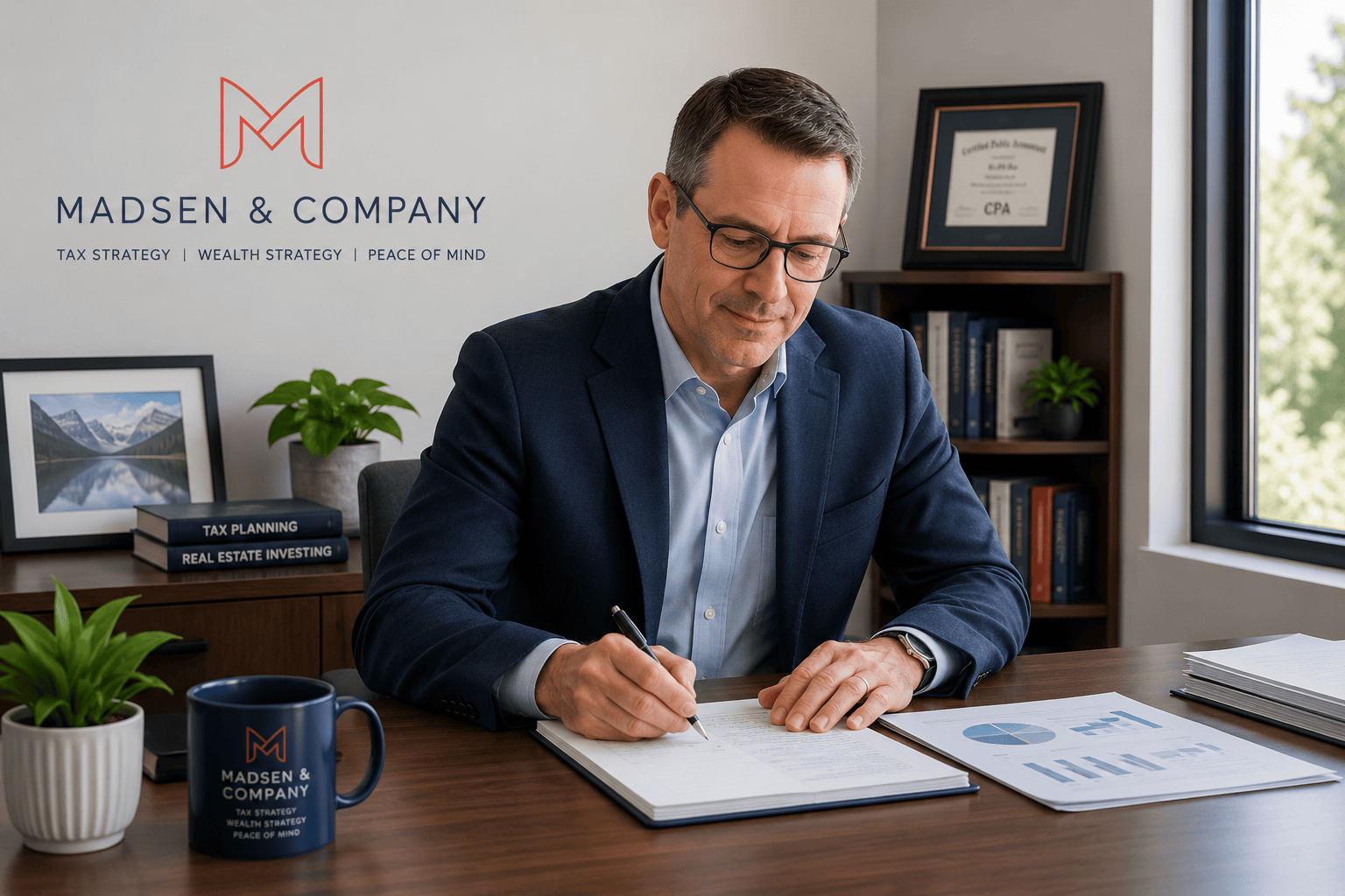 Steve Madsen, CPA, meeting with a business owner for tax planning and advisory services at Madsen and Company