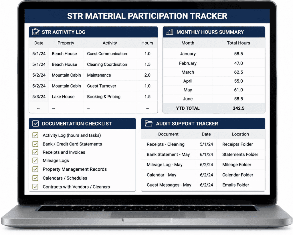 Laptop mockup showing an STR Material Participation Tracker dashboard with activity log, monthly hours, checklist, and audit support sections.