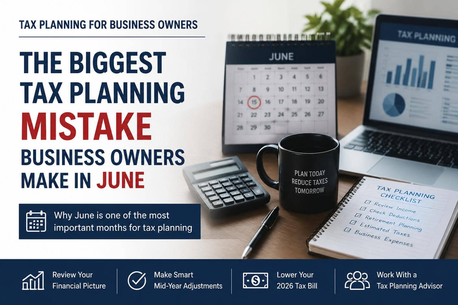 Corporate office desk with calendar highlighting June, notebook, calculator, and coffee mug, illustrating tax planning strategies for business owners
