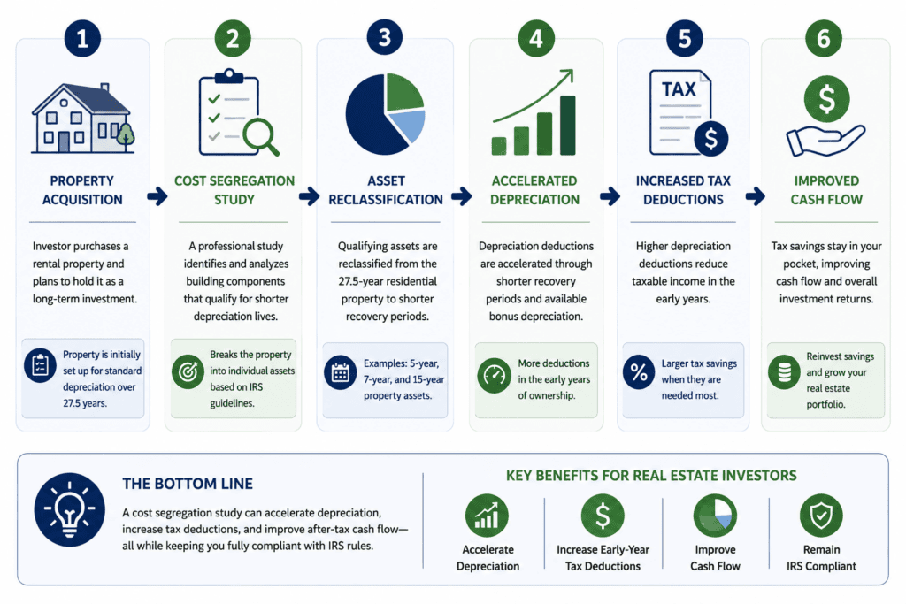 Cost segregation case study infographic showing how a real estate investor accelerated depreciation deductions, increased tax savings, and improved cash flow through a cost segregation study.